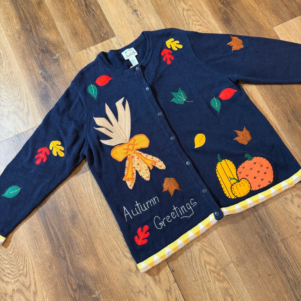 Vintage Y2K Fall Cardigan Fall Leaf Sweater Halloween Sweater Embroidered Leaves - Picture 9 of 17